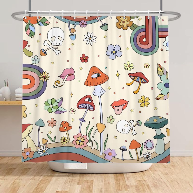 Photo 1 of 70s Retro Vintage Hippie Shower Curtain Trippy Mushroom Rainbow Boho Cute Floral Groovy Funky Aesthetic Abstract Colorful 80s 90s Art Cloth Fabric Bathroom Decor Set 12 Pack Hooks 72x72 Inch