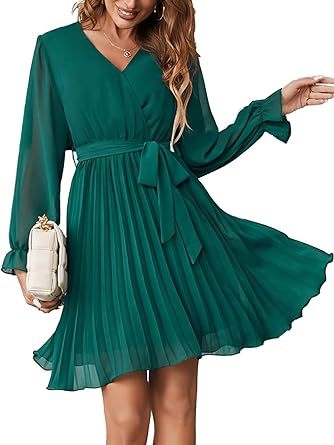 Photo 1 of Maroway Women Wedding Guest Dress Short/Long Sleeve Wrap Elegant Short Dress Casual V Neck Pleated Mini Dress with Belt S