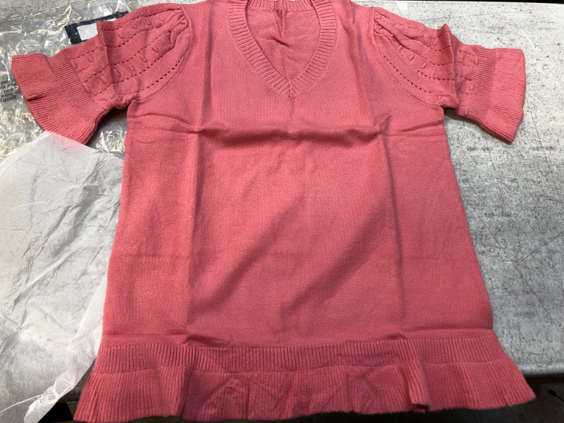 Photo 1 of FOSHOW WOMENS SPRING RUFFLE SHORT SLEEVE SALMON PINK SOFT KNIT SWEATER SIZE L-XL 