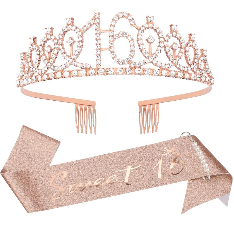 Photo 1 of 16th Birthday Crown and Sash Kit- "Sweet 16"Birthday Decorations 16th Birthday Party Gifts Birthday Party Supplies for Girls (rose gold)
