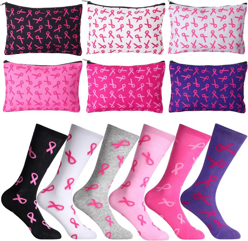 Photo 1 of Jeyiour 12 Pcs Breast Cancer Survivor Gifts for Women 6 Breast Cancer Makeup Bags 6 Pink Ribbon Breast Cancer Awareness Socks for Cancer Support Gift (Ribbon) 