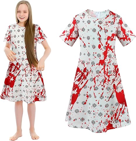 Photo 1 of Halloween Hospital Costume for Kids Bloody Dress Girl Creepy Fancy Outfit Neck Bloody Dress 10-11 Years -large