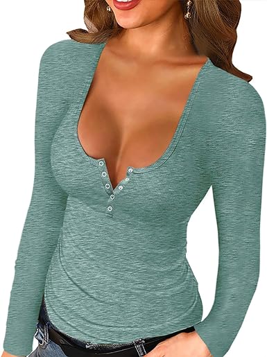 Photo 1 of Farktop Womens V Neck Long Sleeve Shirts Low Cut Slim Fitted Sexy Fall Sweatshirts sky blue 
- x large 