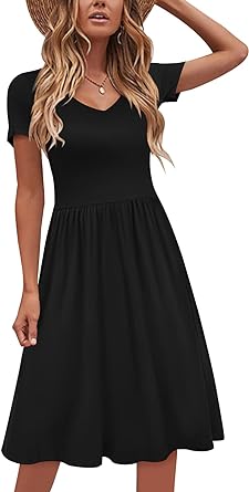 Photo 1 of Lyrur Womens Midi Dresses with Pockets Short Sleeve V Neck Knee Length Flowy Casual Summer Aline Cotton Sundresses - small 