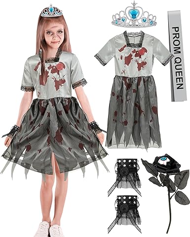 Photo 1 of Liitrsh Girl Halloween Prom Queen Cosplay Set Zombie Prom Queen Child Costume Dress Crown Sash Rose Bracelet 8-10 years of age 
