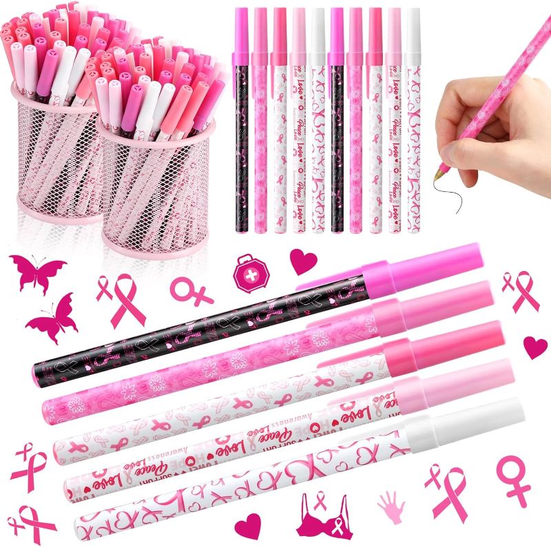 Photo 1 of Chuangdi 500 Pcs Breast Cancer Awareness Pens Pink Ribbon Ballpoint Pen Black Ink Hope Faith Refillable Breast Cancer Ink Pens Accessories for Charity Public Event, Black Ink 5 Shell Color