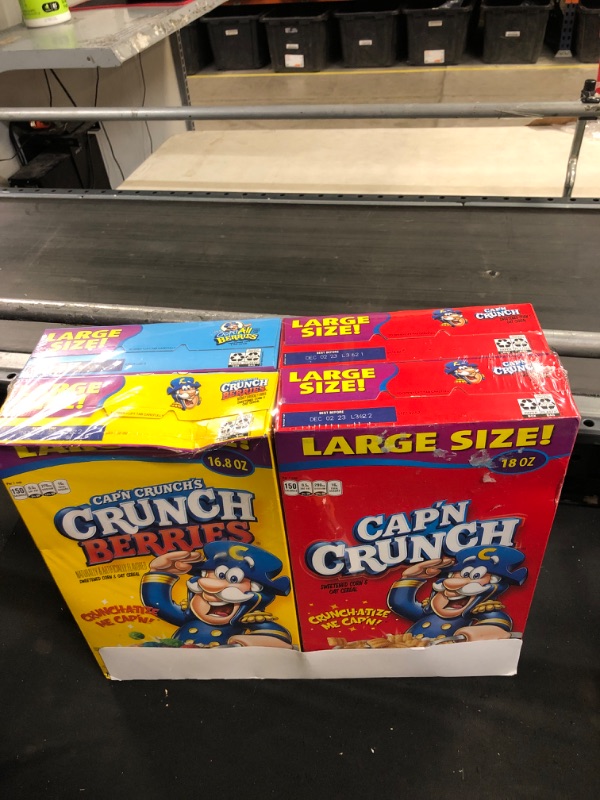 Photo 1 of Cap'n Crunch Cereal, 3 Flavor Variety Pack, Large Size Boxes, (4 Pack) Cap'n Crunch 4 FL Variety Pack - exp 11/27/2023 to dec/17/23. see photo.