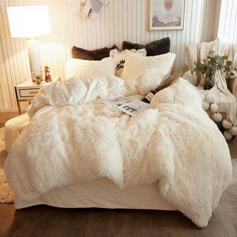 Photo 1 of XeGe Plush Shaggy Duvet Cover Set, Luxury Ultra Soft Crystal Velvet Fluffy Bedding Sets 3 Pieces(1 Furry Faux Fur Comforter Cover + 2 Fuzzy Faux Fur Pillowcases), Zipper Closure(King, Light Beige)
