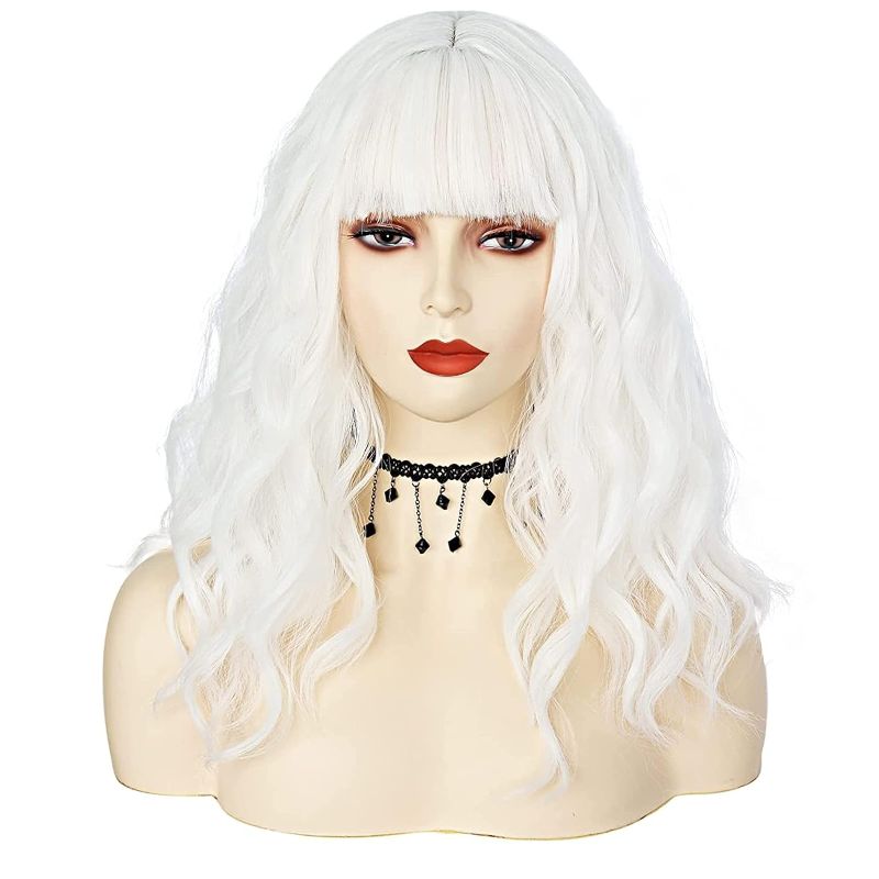 Photo 1 of JoneTing White wig +(Wig Cap) with Bangs Cosplay Costume Synthetic Short Natural Wavy Wigs for Women Halloween Christmas Costume Party Wig
