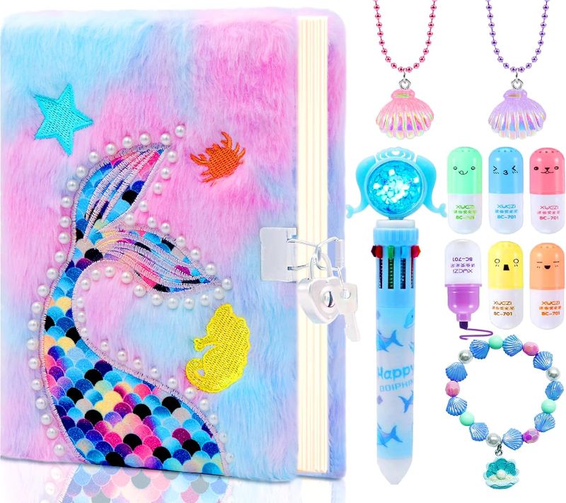Photo 1 of Mermaid Diary for Girls with Lock and Keys Kit - Princess Diaries Secret Notebook Journal for girls Christmas gifts - Cute Stationery School Supplies With colorful pen highlighter bracelet necklace.
