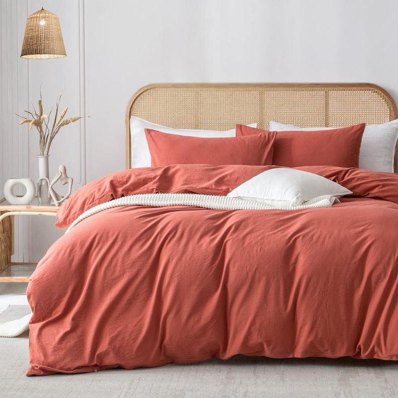 Photo 1 of ZOVAN Full Duvet Cover Set - 100% Washed Cotton Super Soft Shabby Chic Durable 3 Pieces Home Bedding Set with Zipper Closure, Crimson Red
