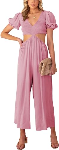 Photo 1 of Grlasen Women's Cute Cutout Jumpsuits Beach V Neck Backless Puff Short Sleeve Wide Leg Long Pants Rompers -- Size Large 