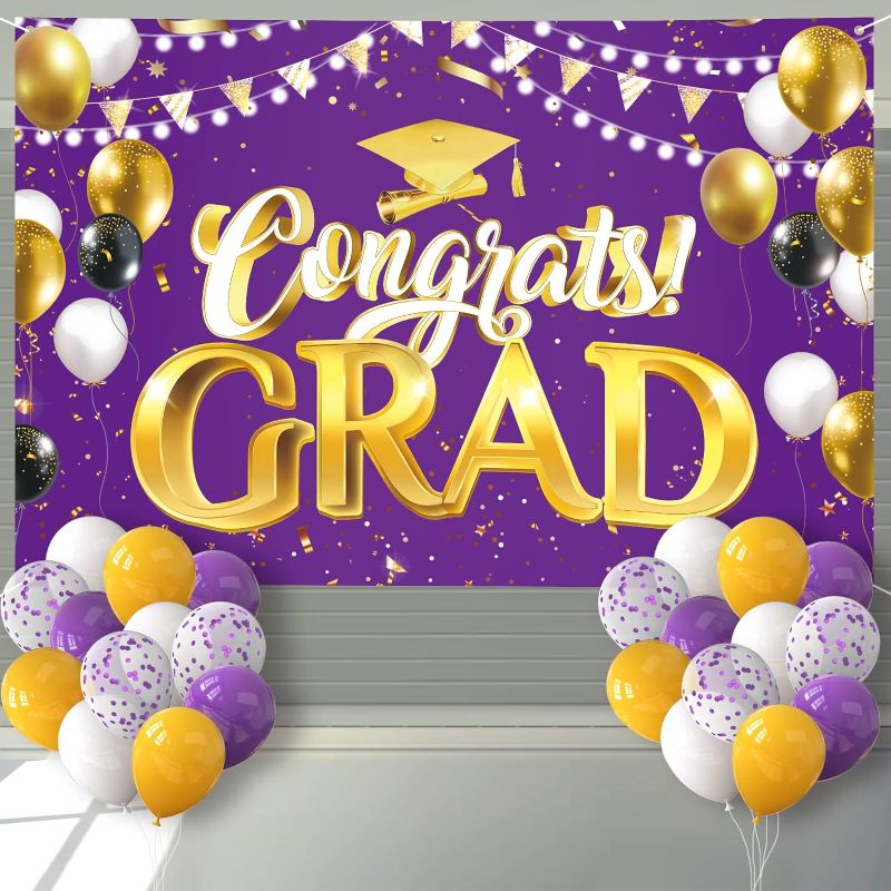 Photo 1 of Arosche Extra Large Graduation Banner Decorations 72" x 48" Backdrop with 24Pcs Balloons Congrats Grad 2023 Photography Background for Indoor Outdoor College,Garden,Yard,Party Supplies (Purple)
