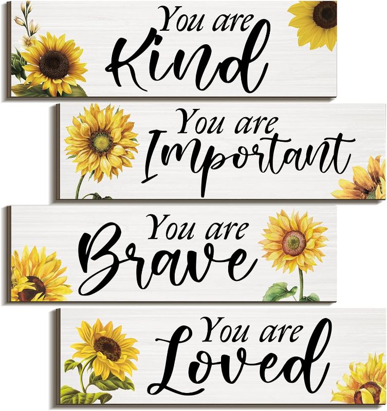 Photo 1 of 4 Pcs Sunflowers Inspirational Wall Decors Sunflower Gifts for Woman You Are Kind Wall Art Rustic Wood Sign Hanging Decoration for Living Room Bedroom Bathroom Door Decor (Inspirational Sunflower)
