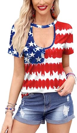 Photo 1 of For G and PL Women's 4th of July American Flag Shirts Sexy Hollow Out Short Sleeve Tops
SIZE- X-LARGE