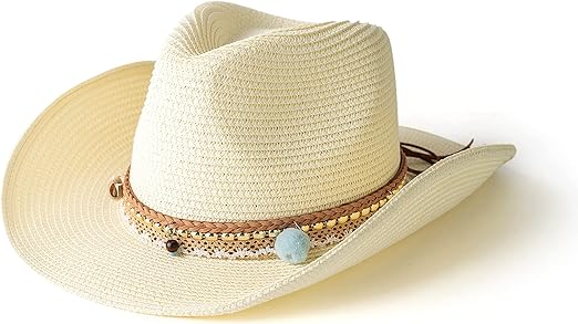 Photo 1 of Gossifan Women's Woven Straw Cowboy Hat w/Beaded Trim Band Hat Beach Holiday Sun Hats