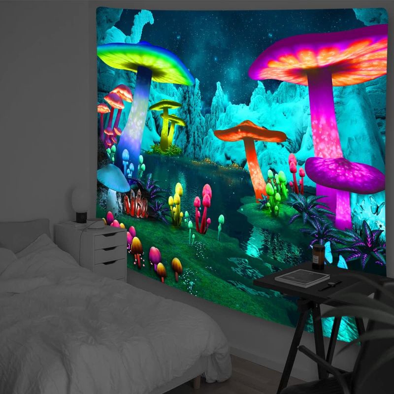 Photo 1 of Jiamusi Astronaut and Mushroom Forest Planet Blacklight Tapestry UV Reactive Tapestry for Bedroom Trippy Tapestry Black Light Tapestry Aesthetic Wall Hanging for Room Home Decor
