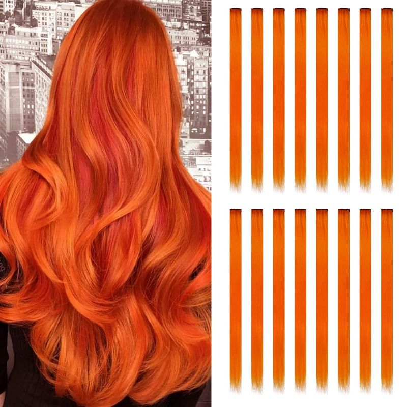 Photo 1 of Colored Hair Extensions Sleekcute, 16Pcs Straight Orange Colored Hair Extensions, with tattoos and nail decals, for Halloween cosplay
