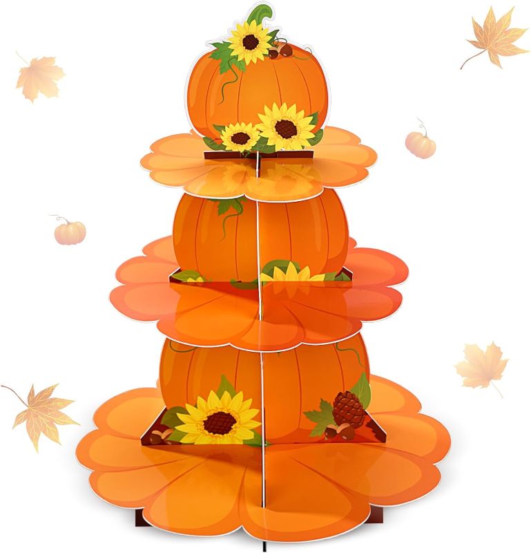 Photo 1 of Zopeal Fall Pumpkin Cupcake Stand 3 Tier Dessert Cupcake Stand Tiered Cardboard Orange Cake Stand Autumn Floral Dessert Holder Tower for Thanksgiving Birthday Tea Party Table Display Decorations
