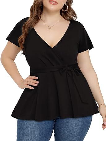 Photo 1 of Agmibrelr Women's Plus Size Flutter Sleeve Tops Deep V Neck Sexy Wrap Shirt Swing Flowy Blouse -- Size XL
