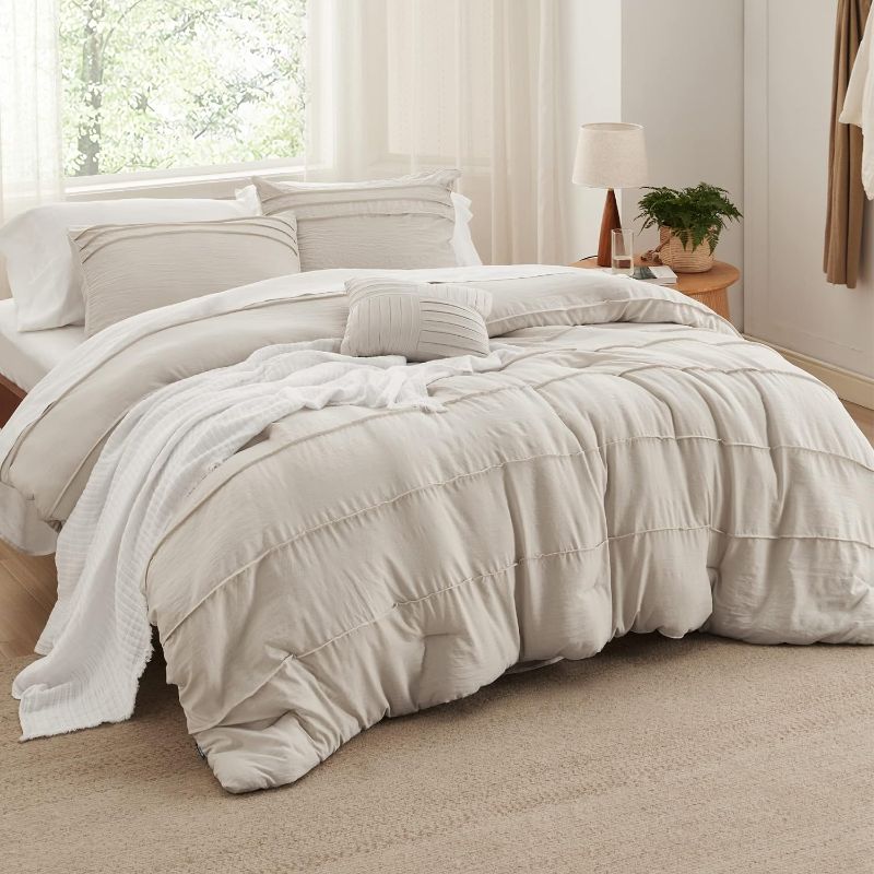 Photo 1 of Bedsure Beige King Size Comforter Set - 4 Pieces Pinch Pleat Bed Set, Down Alternative Bedding Sets for All Season, Includes 1 Comforter, 2 Pillowcases, and 1 Decorative Pillow
