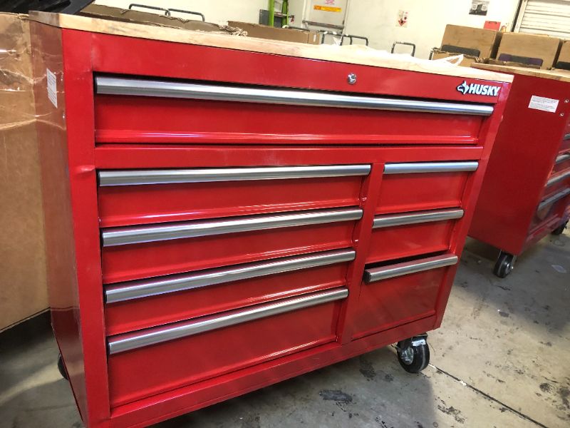 Photo 2 of 42 in. W x 18.1 in. D 8-Drawer Red Mobile Workbench Cabinet with Solid Wood Top
