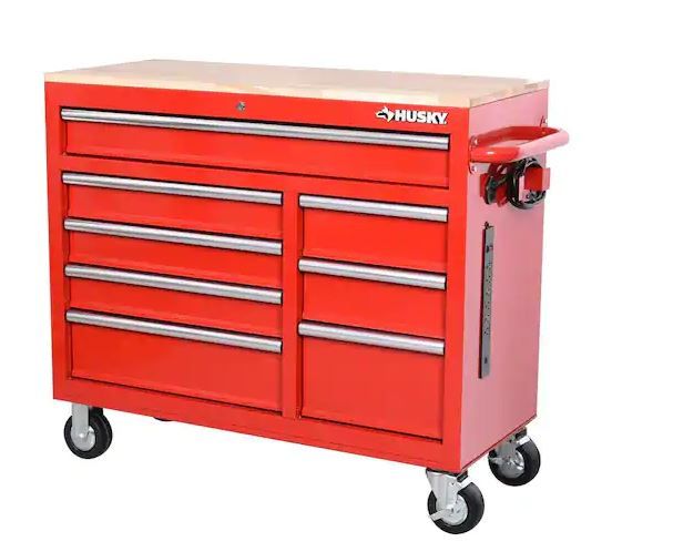 Photo 1 of 42 in. W x 18.1 in. D 8-Drawer Red Mobile Workbench Cabinet with Solid Wood Top
