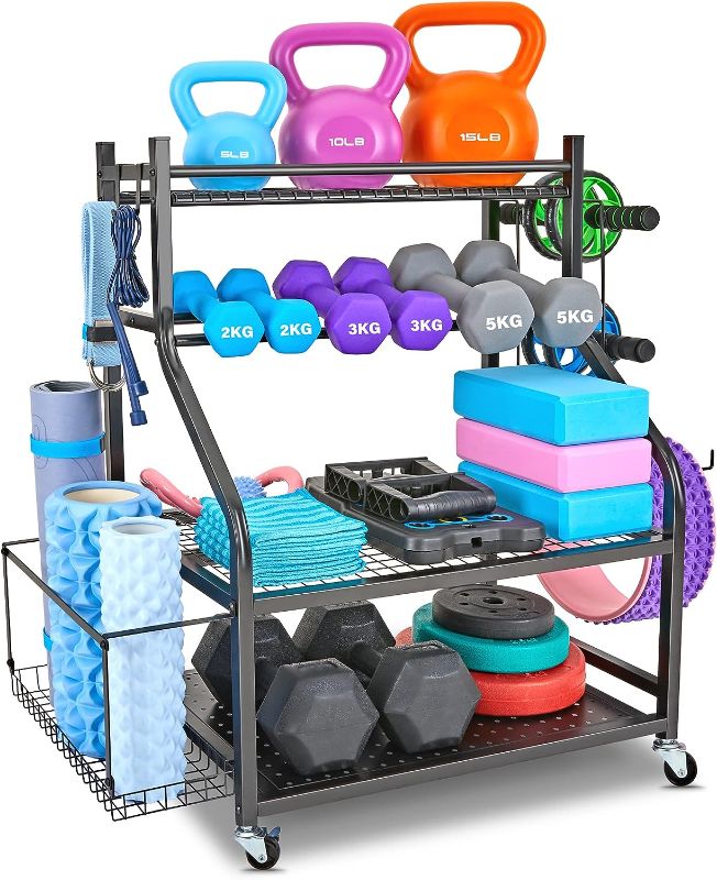 Photo 1 of  Dumbbell Rack, Yoga Mat Storage Rack - Weight Rack for Dumbbells, Home Gym Storage Rack for Yoga Mat, Dumbbells and Kettlebells, All in One Workout Equipment Storage with Caster Wheels