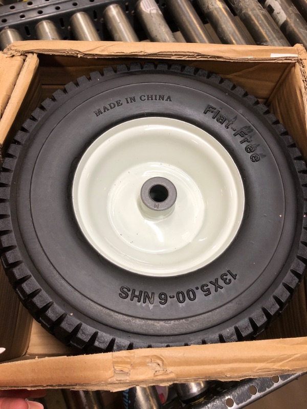 Photo 2 of 2-Pack 13x5.00-6 Flat-Free Tire with Rim,3"Centered Hub with 3/4" Bushings,w/Grease Fitting?400lbs Capacity,13x5-6 No-Flat Solid Rubber Turf Wheel,for Riding Lawn mower,Garden Cart,Wheelbarrow