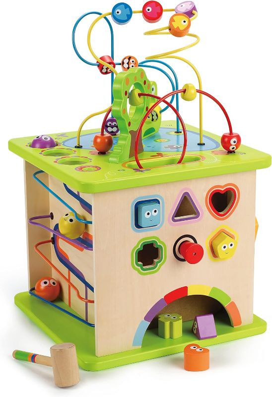 Photo 1 of Country Critters Wooden Activity Play Cube by Hape | Wooden Learning Puzzle Toy for Toddlers, 5-Sided Activity Center with Animal Friends, Shapes, Mazes, Wooden Balls, Shape Sorter Blocks and More, 13.78 x 13.78 x 19.69 inches
