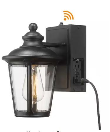 Photo 1 of Black Motion Sensing Dusk to Dawn Outdoor Hardwired Built-in GFCI Outlet Wall Lantern Scone with No Bulbs Included
