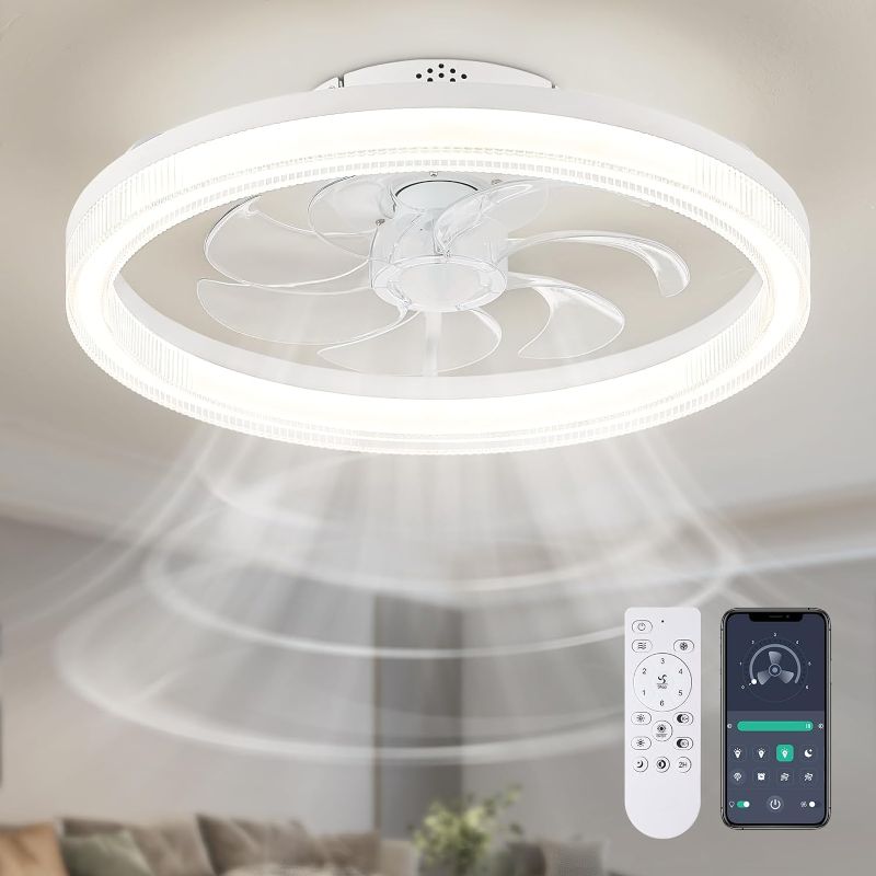 Photo 1 of CROSSIO Ceiling Fans with Lights, 20" Flush Mount Fandelier Ceiling Fan with Light and Remote Control Low Profile White Dimmable Reversible Fans for Bedroom Kids Room Kitchen Dining Room Garage
