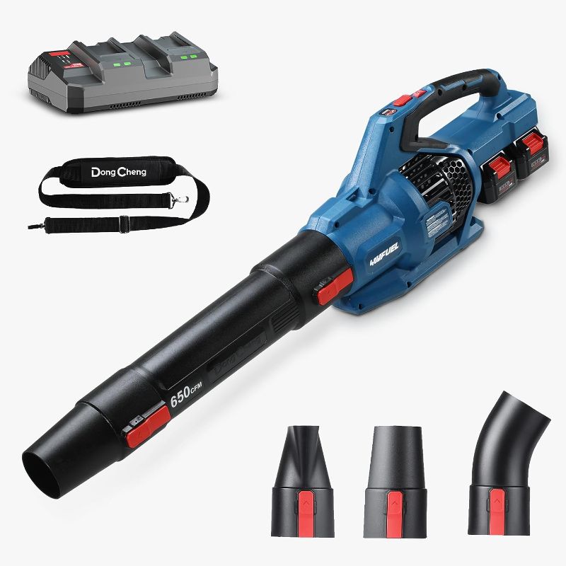Photo 1 of DongCheng Leaf Blower - 650CFM, 40V Cordless Leaf Blower with 2 4.0Ah Batteries, Advanced Brushless Motor, Shoulder Strap. Electric Leaf Blower for Lawn Care, Cleaning Yard & Road

