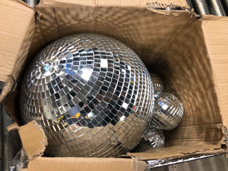 Photo 2 of 4 pack Large Disco Ball Silver Hanging Disco Balls Reflective Mirror Ball Ornament for Party Holiday Wedding Dance and Music Festivals Decor Club Stage Props DJ Decoration (12 Inch, 3 Inch)