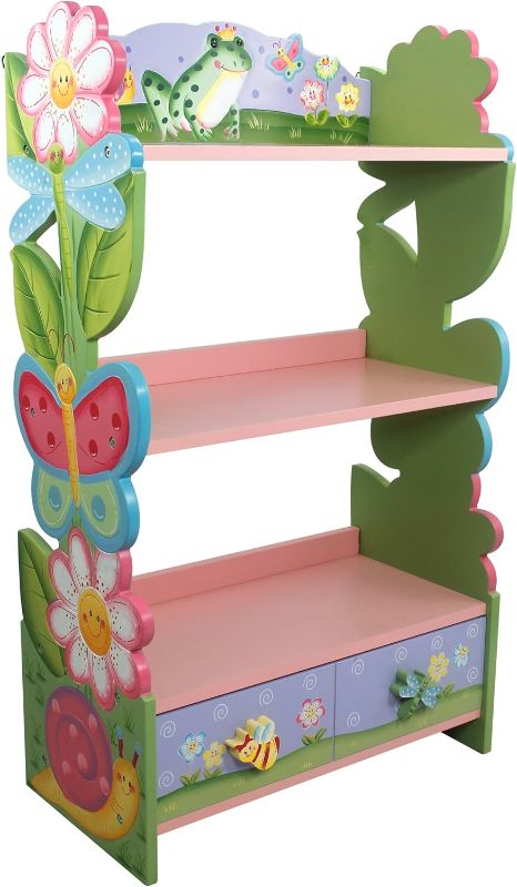 Photo 1 of Fantasy Fields Kids Bookshelf, Colorful Kids Wooden Bookshelf with 3 Shelves, 2 Storage Drawers, & Wall Mount, Hand-Carved & Painted, Magic Garden Collection, Multicolor