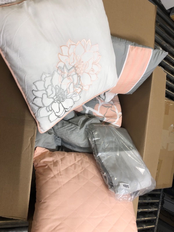 Photo 2 of  Comforter Set, Color Block Floral Embroidered Bag Bedding-Sheets, Decorative Pillows Shams Included, Queen, Coral