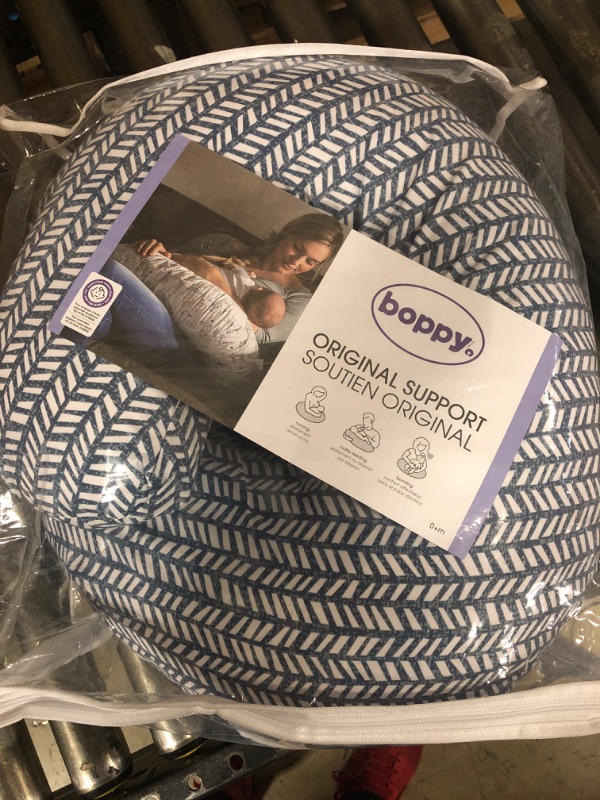 Photo 2 of Boppy Nursing Pillow Original Support, Blue Herringbone, Ergonomic Nursing Essentials for Bottle and Breastfeeding, Firm Hypoallergenic Fiber Fill with Removable Nursing Pillow Cover, Machine Washable
