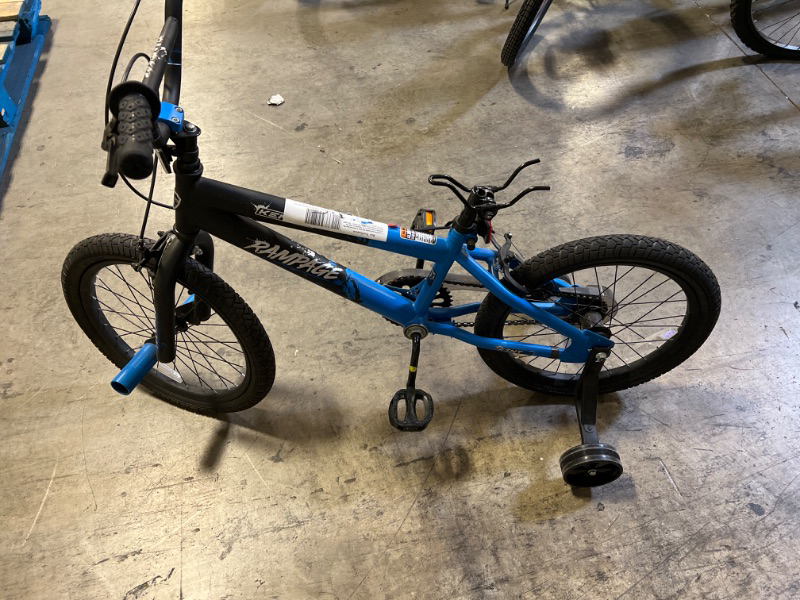 Photo 2 of 18" Rampage BMX Bike w/ Front Pegs and Training Wheels, Ages 5-8, Black and Blue