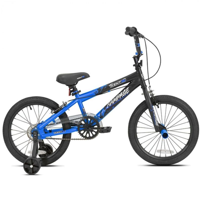 Photo 1 of 18" Rampage BMX Bike w/ Front Pegs and Training Wheels, Ages 5-8, Black and Blue