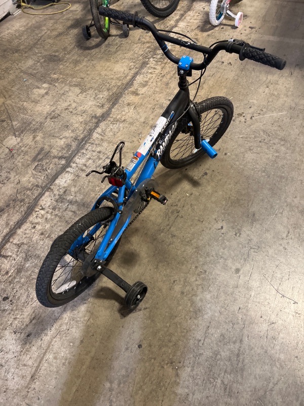 Photo 3 of 18" Rampage BMX Bike w/ Front Pegs and Training Wheels, Ages 5-8, Black and Blue