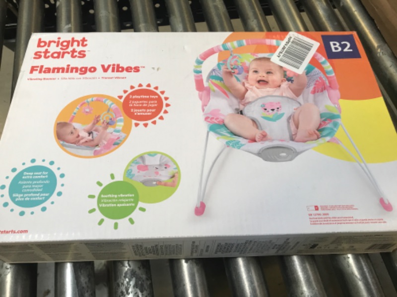 Photo 2 of Bright Starts Flamingo Vibes 3-Point Harness Harness Vibrating Baby Bouncer with -Toy bar