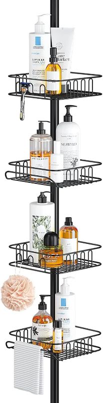 Photo 1 of SEIRIONE Rustproof Shower Corner Caddy Organizer for Bathroom, Freestanding Tension Pole with 4 Baskets, for Bathtub Shampoo Accessories Storage Rack, Black, 56 to 114 Inch Height
