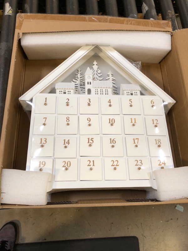 Photo 1 of Christmas Wooden Advent Calendar House with 24 Drawers and Led Lights Countdown to Christmas Decoration (White Forest) Opened Size: 16.5'' x 1.65''x 11.8''H