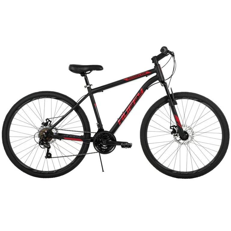 Photo 1 of **Front tire flat, seat missing lock, front wheel bent and forks loose, chain rusty** Huffy 27.5 in. Rangeline Men's Mountain Bikes, Black and Red
