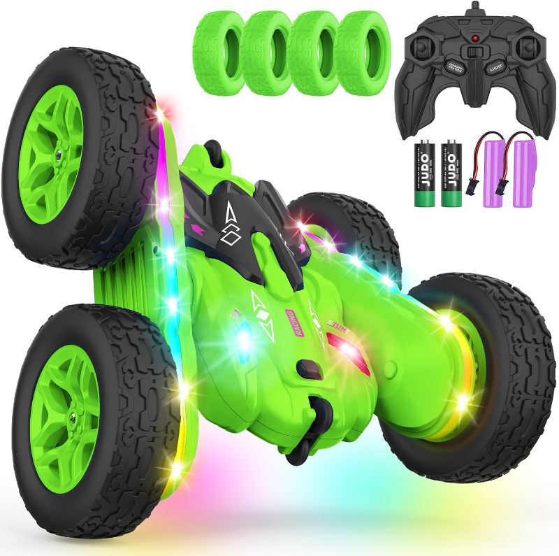 Photo 1 of Terucle Remote Control Car, Rc Cars Stunt RC Car Toys New Upgraded Strip Lights and Headlights Car Toys Double-Sided 360° Rotating 4WD Rc Drift Truck for Boys Girls Birthday Gift (Green)
