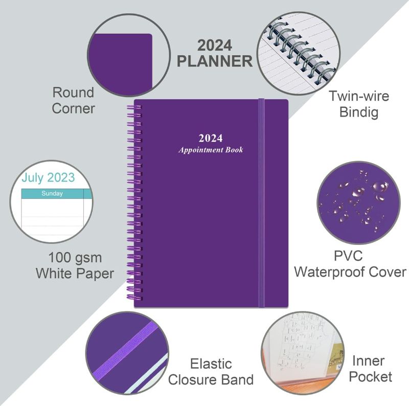 Photo 1 of 2024 Appointment Book & Planner - A5 2024 Daily Hourly Planner from January 2024 - December 2024, Weekly Appointment Book with 30-Minute Interval, Medium 6.4" x 8.5", Purple
