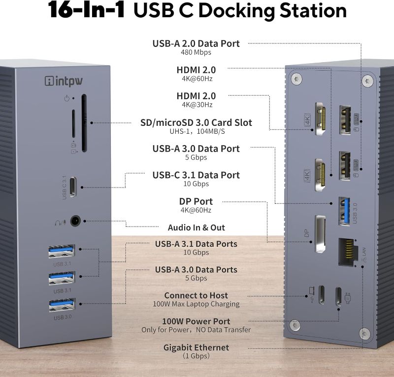 Photo 1 of Intpw 4K Laptop Docking Station Triple Monitor (16-in-1 USB C Dock), 100W Charging for Windows, Mac and Laptop (Triple Video:2 x 4K HDMI and DP, 6 x USB A, 1 x USB-C (10Gb/s), Ethernet, Audio SD/TF)