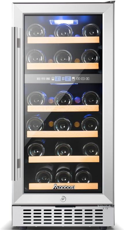 Photo 1 of AAOBOSI 15 Inch Wine Cooler Refrigerator, ?Upgraded? Dual Zone Wine Fridge 28 Bottles Built in or Freestanding Compressor Cooler Wine Cellar with Temperature Memory, Fog Free, Front Vent,Safety Lock
