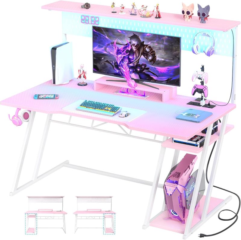 Photo 2 of 55'' Pink Gaming Desk with Hutch and LED Lights, Gaming Computer Desk with Storage Shelves & Z-Shaped Legs, Reversible PC Gaming Desk with Pegboard, Ergonomic Desk for Bedroom, Carbon Fiber Surface
