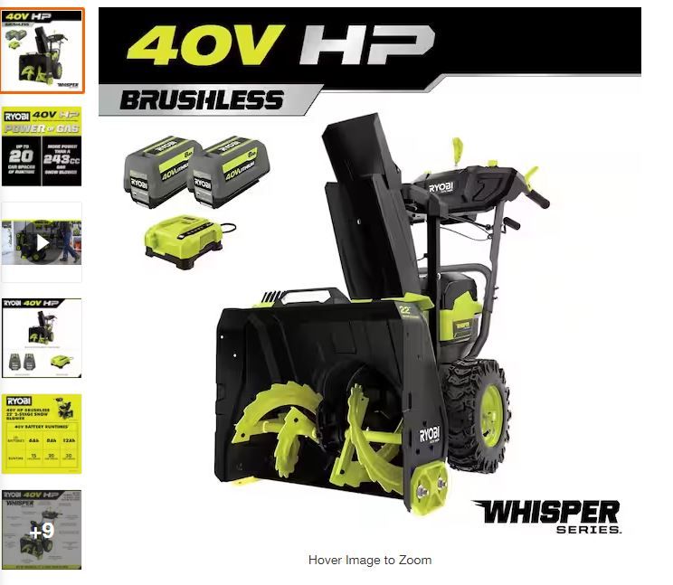 Photo 1 of 40V HP Brushless Whisper Series 22" 2-Stage Cordless Electric Self-Propelled Snow Blower - (2) 8 Ah Batteries & Charger
